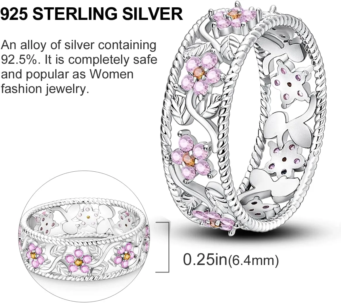 Hapour 925 Sterling Silver Women Rings with Pink Flower Cubic Zirconia, Stackable Eternity Rings Statement Rings for Women Size 6-9