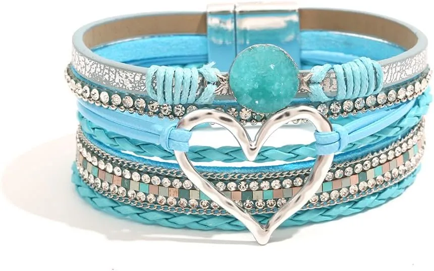Heart Leather Wrap Bracelets Boho Stackable Cuff Bangles Resin Stone Rhinestone Bracelets with Clasp Jewelry Gift for Women