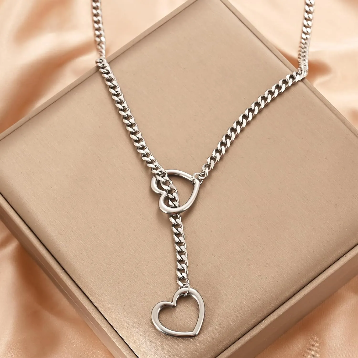 Heart O-ring Slip Chain Necklace for Women Punk Rock Stainless Steel Cuban Long Handmade Necklace Y-NecklaceJewelry Gifts Adjustable Lariat Y-Necklace Heart Locker With Key