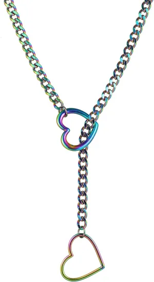 Heart O-ring Slip Chain Necklace for Women Punk Rock Stainless Steel Cuban Long Handmade Necklace Y-NecklaceJewelry Gifts Adjustable Lariat Y-Necklace Heart Locker With Key