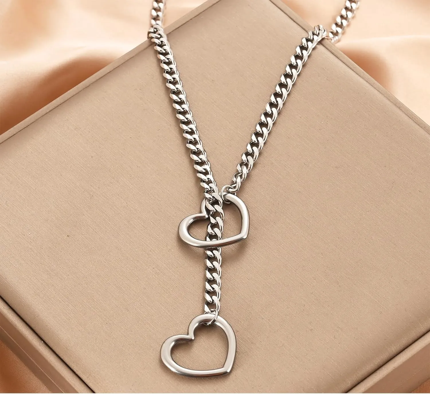Heart O-ring Slip Chain Necklace for Women Punk Rock Stainless Steel Cuban Long Handmade Necklace Y-NecklaceJewelry Gifts Adjustable Lariat Y-Necklace Heart Locker With Key