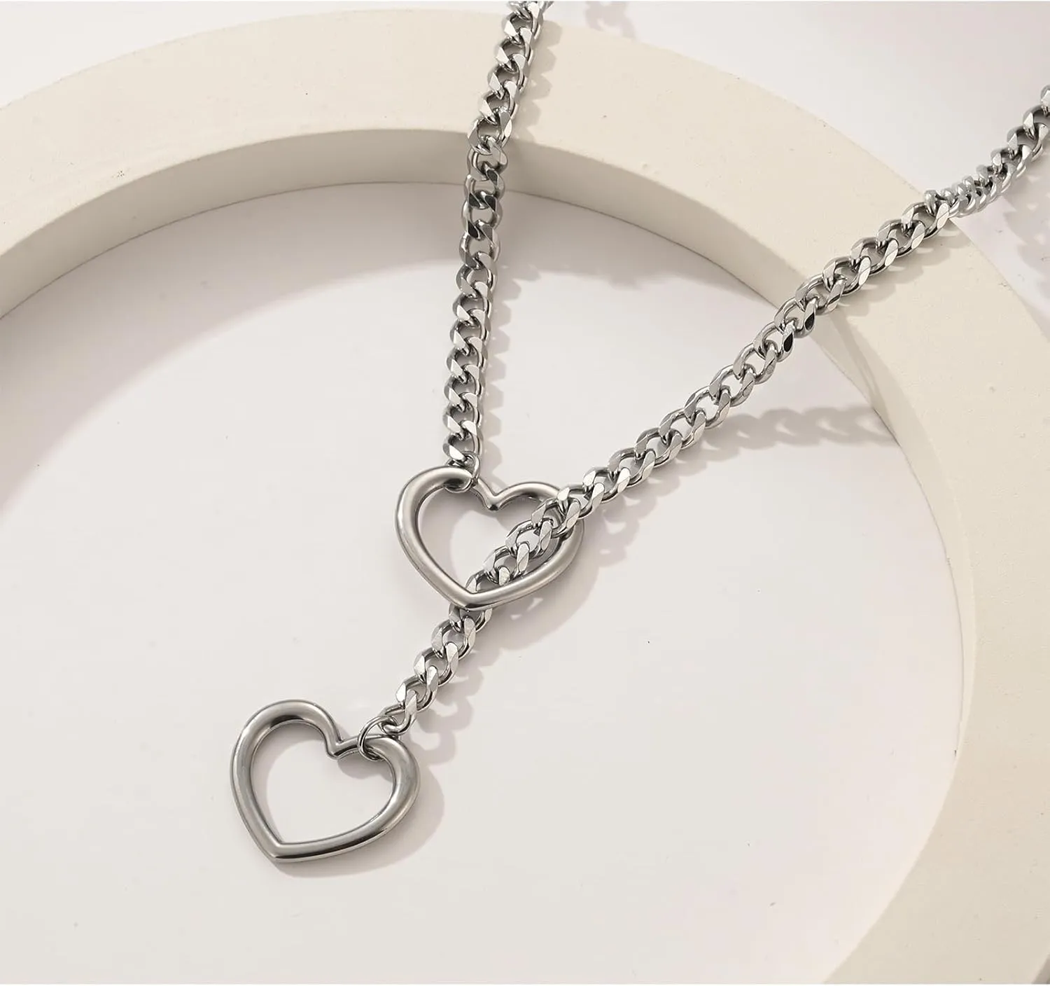 Heart O-ring Slip Chain Necklace for Women Punk Rock Stainless Steel Cuban Long Handmade Necklace Y-NecklaceJewelry Gifts Adjustable Lariat Y-Necklace Heart Locker With Key