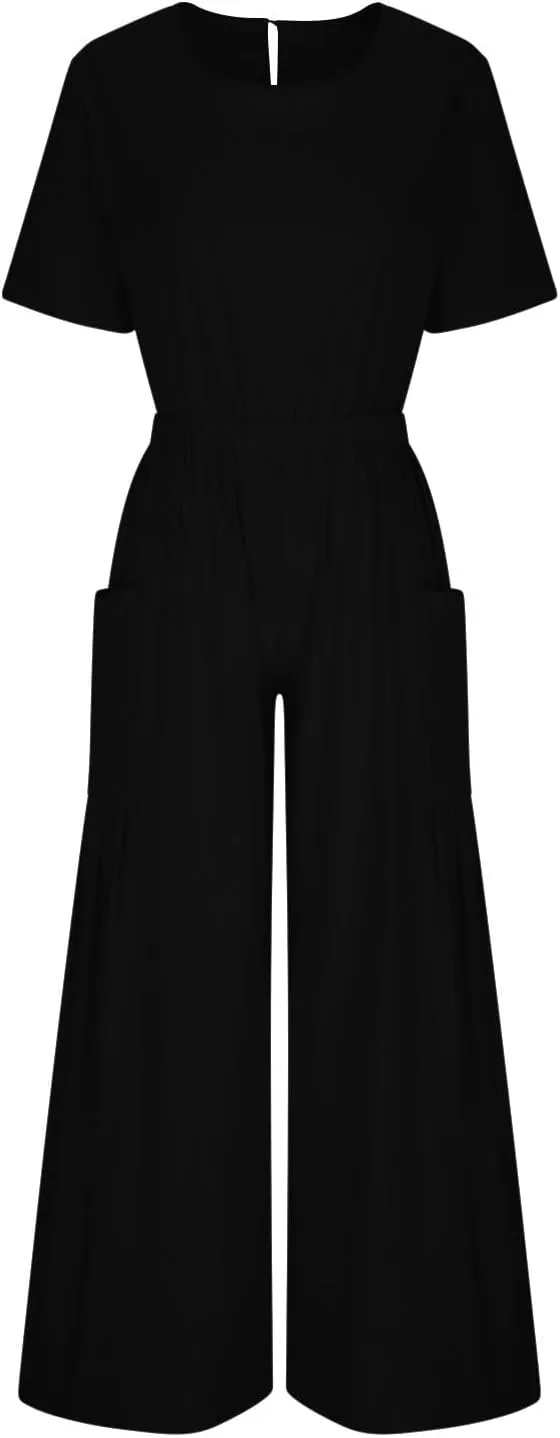 HGps8w Cotton Linen Jumpsuits for Women Casual Wide Leg Pants Romper 2025 Summer Short Sleeve One Piece Outfits with Pockets