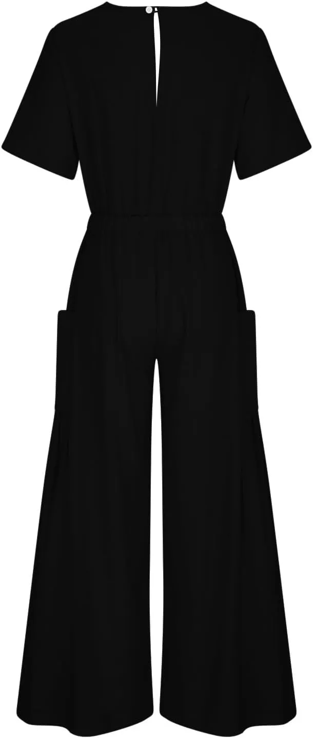 HGps8w Cotton Linen Jumpsuits for Women Casual Wide Leg Pants Romper 2025 Summer Short Sleeve One Piece Outfits with Pockets