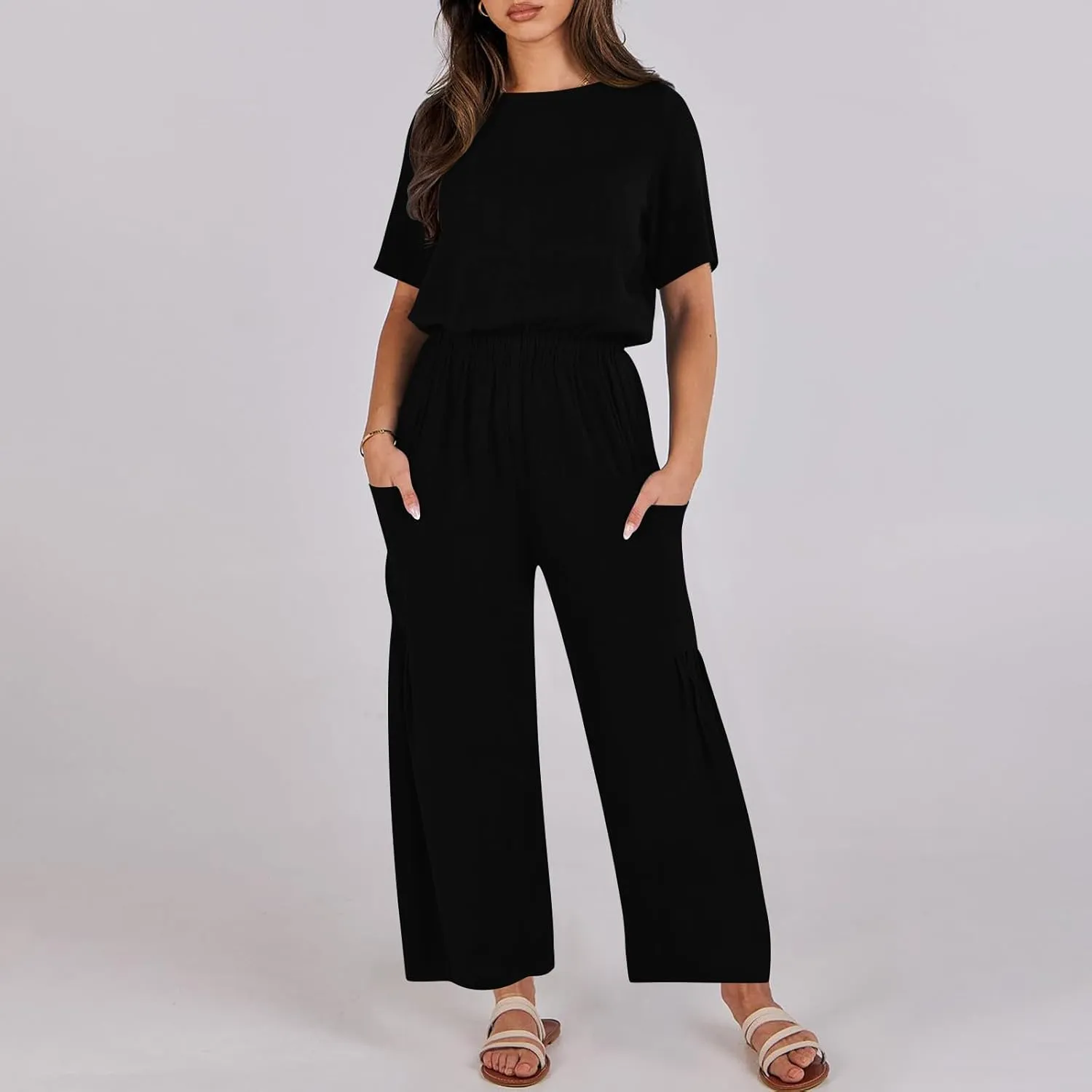 HGps8w Cotton Linen Jumpsuits for Women Casual Wide Leg Pants Romper 2025 Summer Short Sleeve One Piece Outfits with Pockets