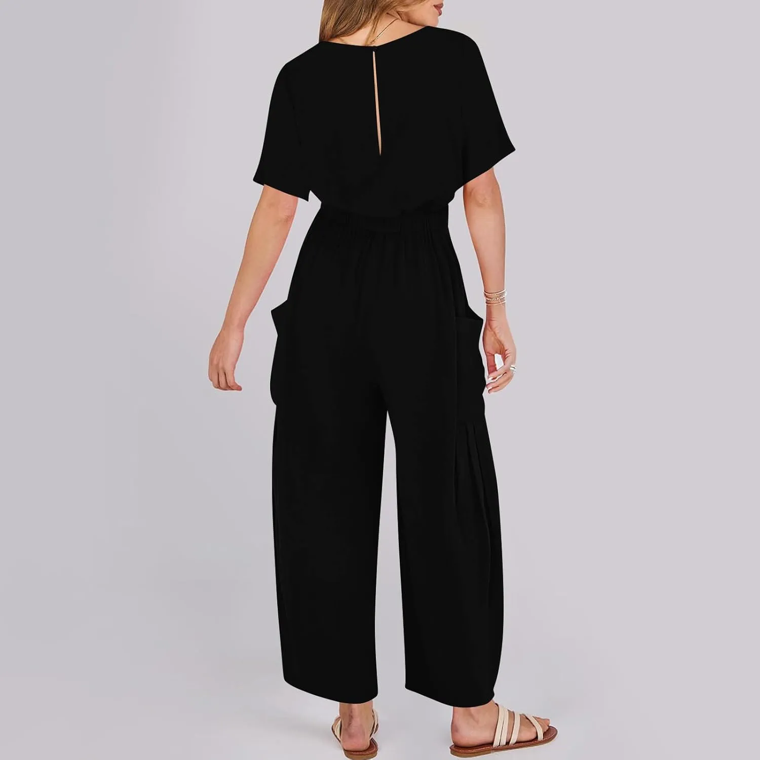 HGps8w Cotton Linen Jumpsuits for Women Casual Wide Leg Pants Romper 2025 Summer Short Sleeve One Piece Outfits with Pockets