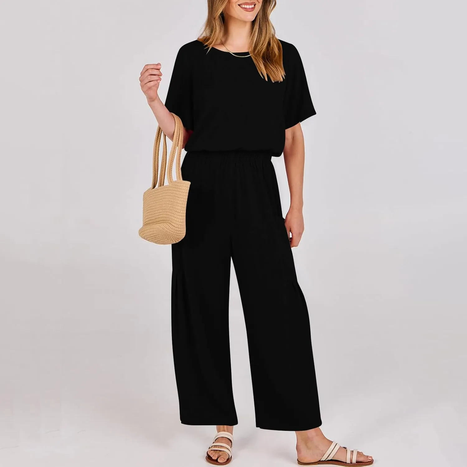 HGps8w Cotton Linen Jumpsuits for Women Casual Wide Leg Pants Romper 2025 Summer Short Sleeve One Piece Outfits with Pockets