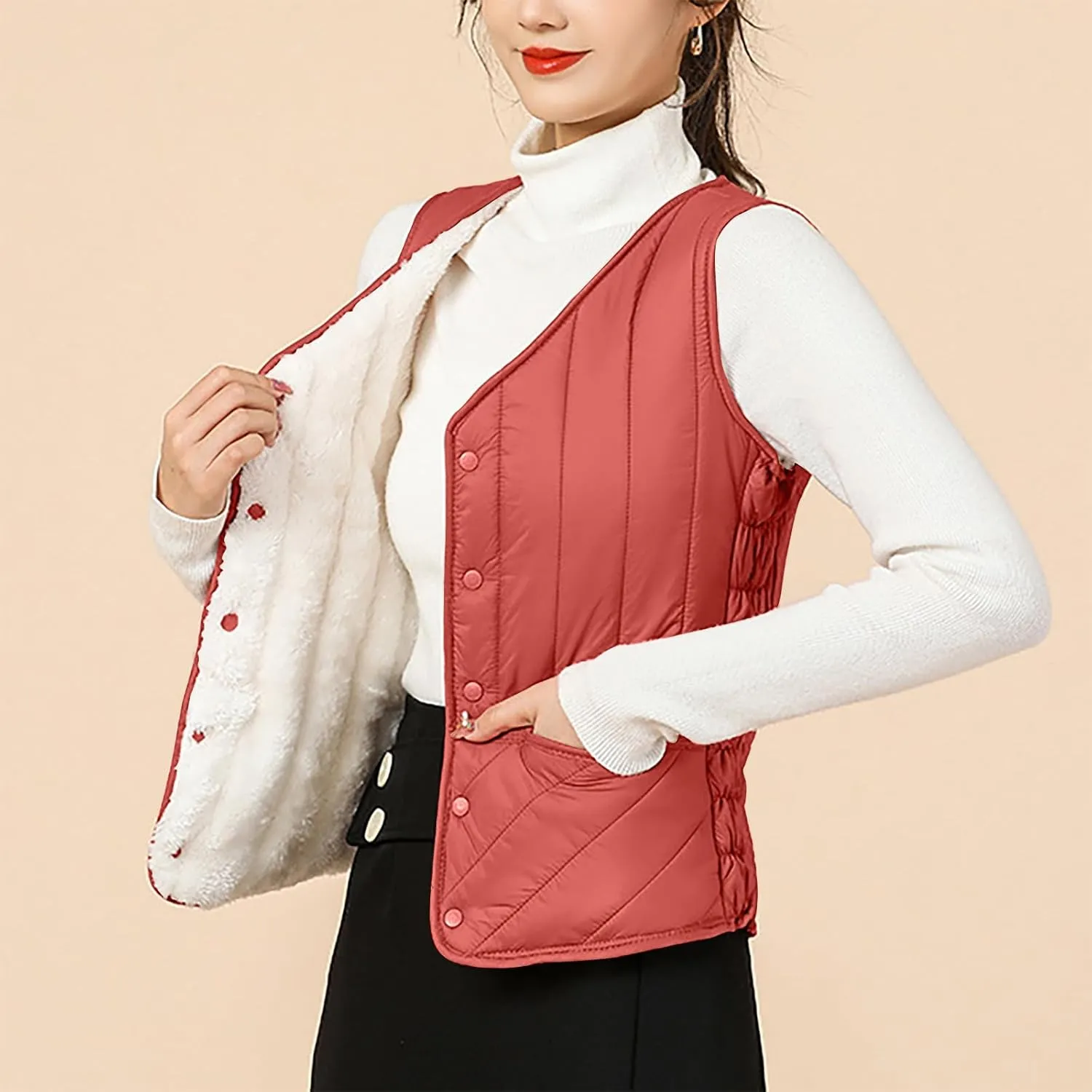 HGps8w Women's Thermal Puffer Vest, Plus Size Casual Down V Neck Sleeveless Puffy Coats Warm Winter Padded Gilet Jacket