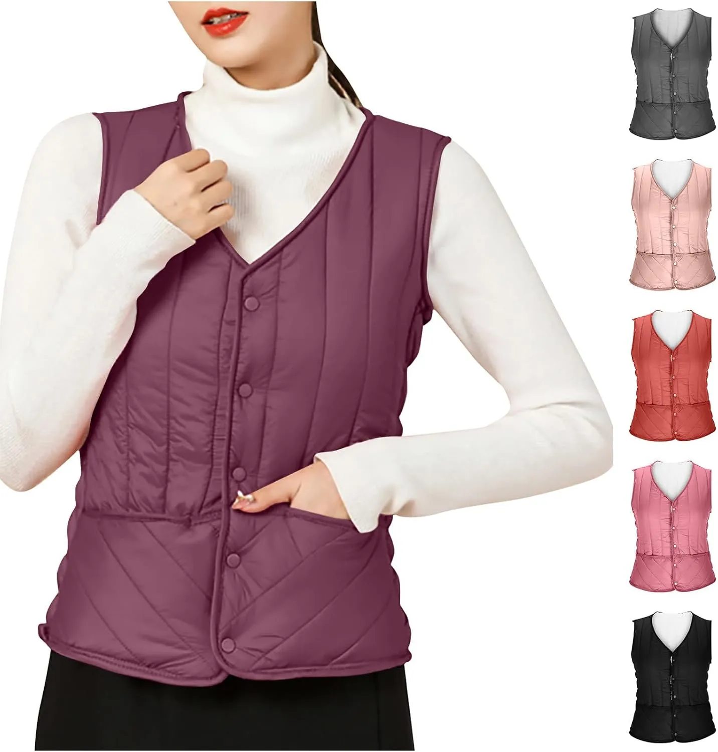 HGps8w Women's Thermal Puffer Vest, Plus Size Casual Down V Neck Sleeveless Puffy Coats Warm Winter Padded Gilet Jacket
