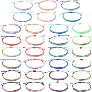 Hicarer 30 Pieces Adjustable Woven Anklets Bracelets Bohemian Braided Rope Bracelets Waterproof Wax Coated Anklets for Women