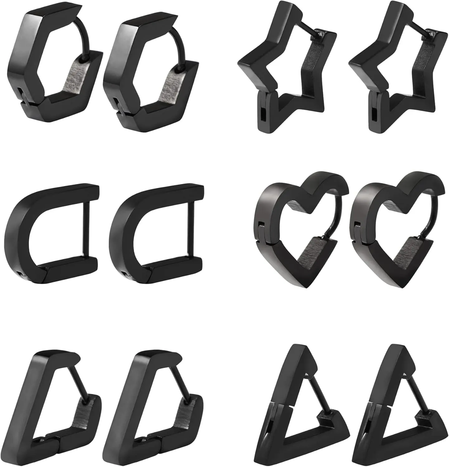 Hoop Huggie Earrings Set for Women Men, Geometric Stainless Steel Triangle Diamond Hexagon Star Oval Heart Shape Clip On Hoops Dangle Aretes Para Mujer Earrings Jewelry Gold Silver Black