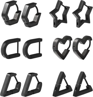 Hoop Huggie Earrings Set for Women Men, Geometric Stainless Steel Triangle Diamond Hexagon Star Oval Heart Shape Clip On Hoops Dangle Aretes Para Mujer Earrings Jewelry Gold Silver Black