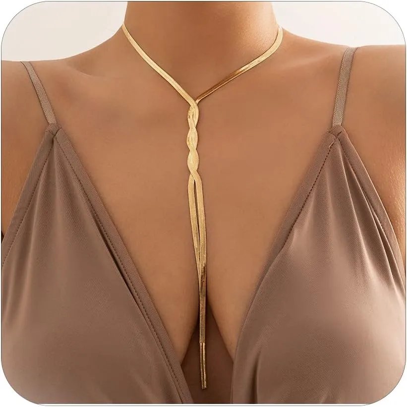 HUASAI Snake Chain Necklace for Women Twist Herringbone Choker Necklace Y Lariat Necklace Gold Long Drop Necklace