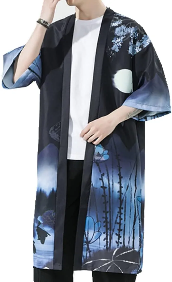 HZCX FASHION Mens Lightweight Cardigan Long Kimono Robe 3/4 Sleeve Print Shirts