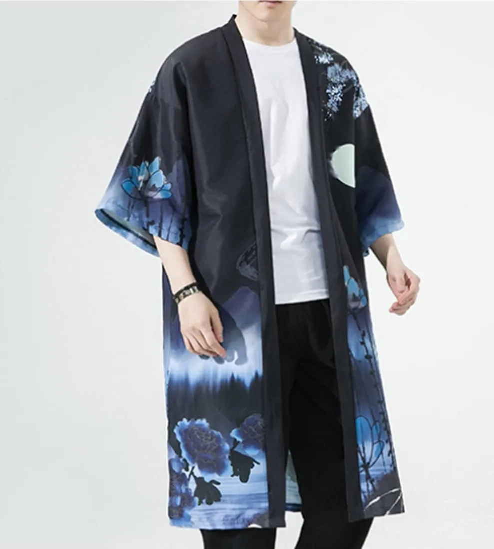 HZCX FASHION Mens Lightweight Cardigan Long Kimono Robe 3/4 Sleeve Print Shirts