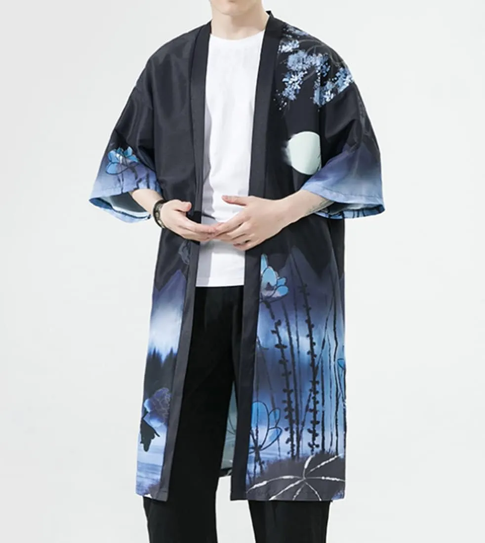 HZCX FASHION Mens Lightweight Cardigan Long Kimono Robe 3/4 Sleeve Print Shirts