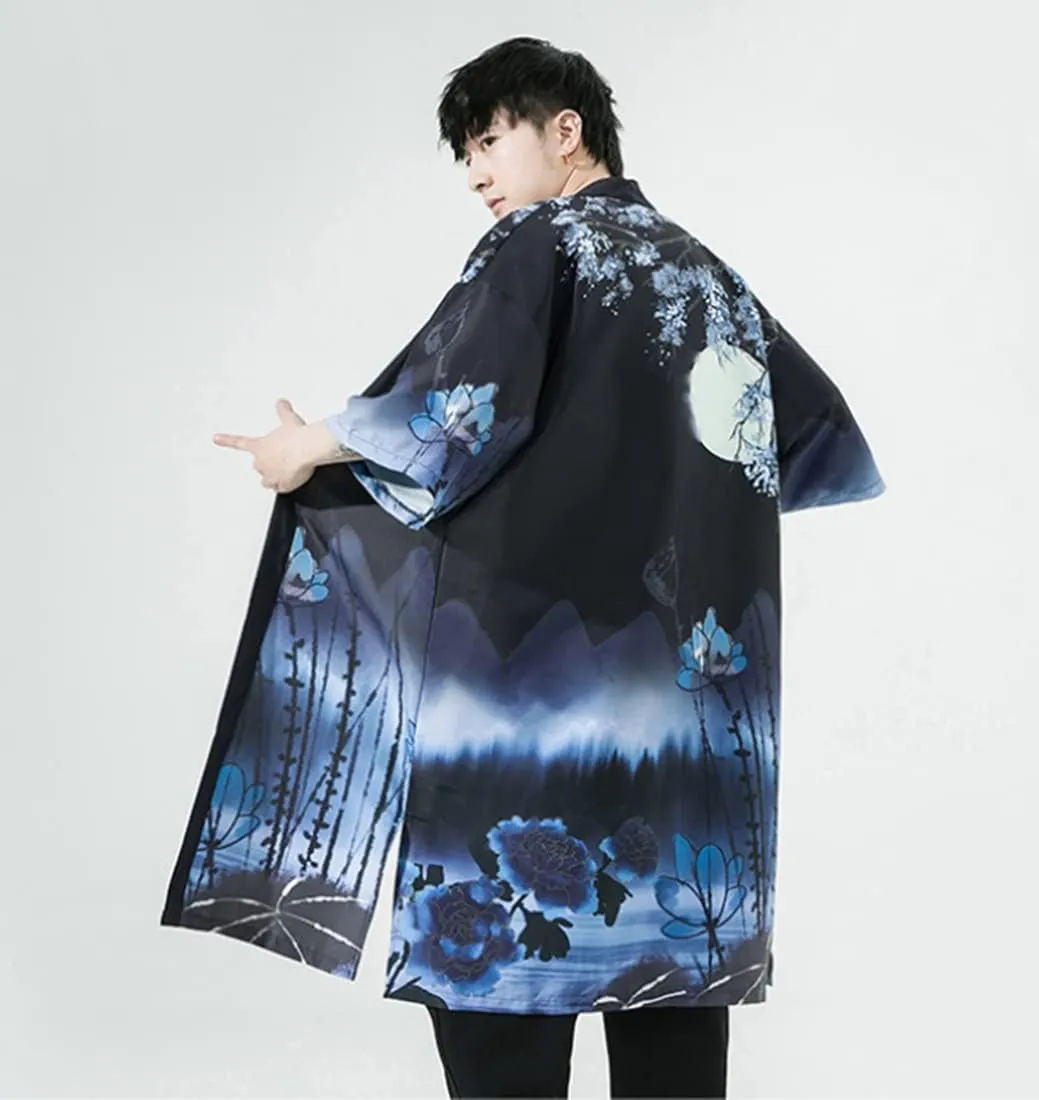 HZCX FASHION Mens Lightweight Cardigan Long Kimono Robe 3/4 Sleeve Print Shirts