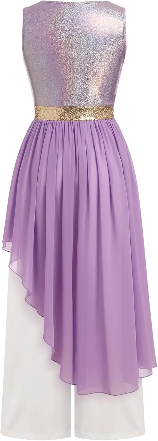 IBAKOM Praise Dance Dress Women Worship Overlay and Tunic Baggy Pant Metallic Lyrical Dance Costume Liturgical Dancewear