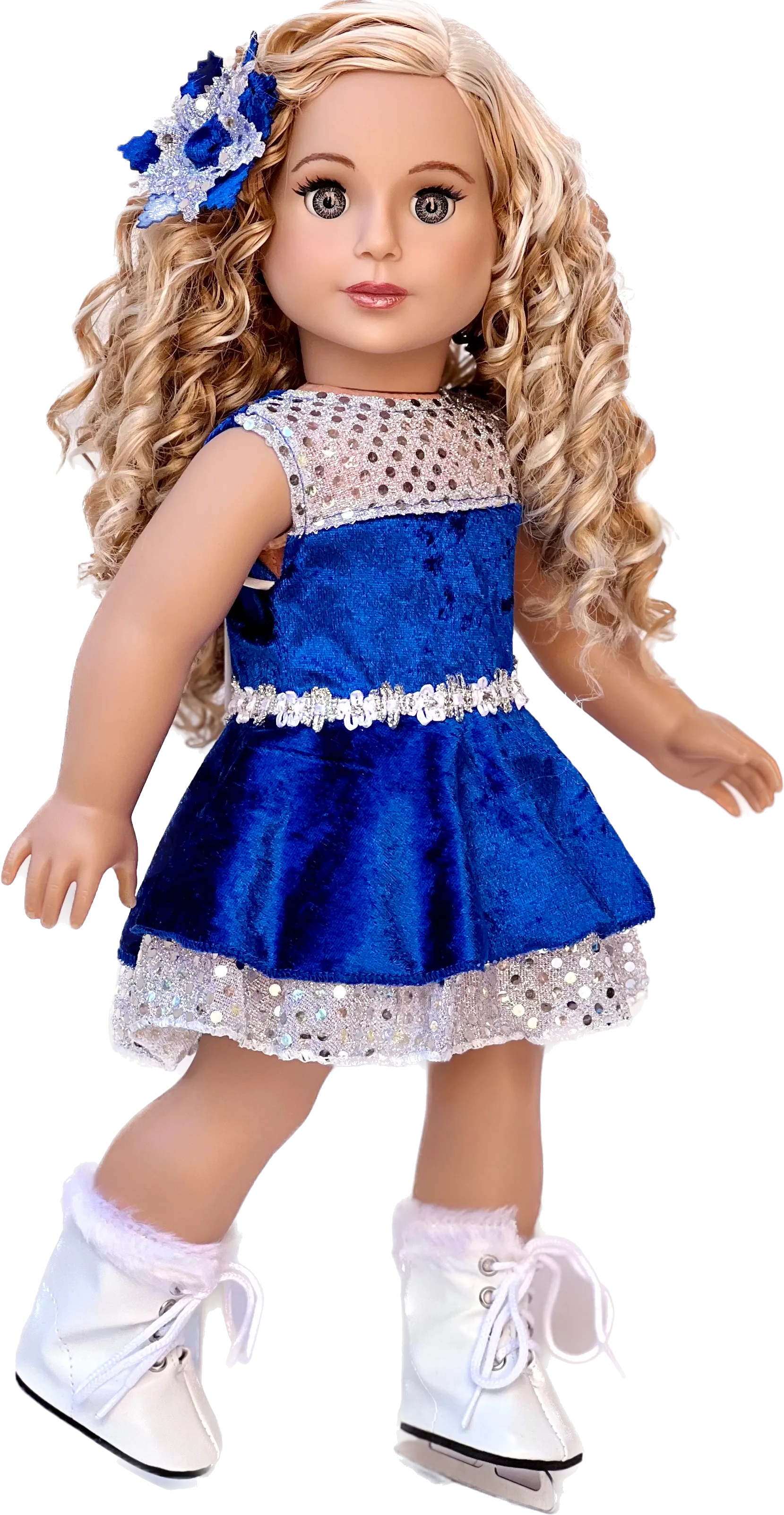 Ice Dancer - Clothes for 18 inch Dolls - Blue Leotard with Double Blue and Silver Ruffle Skirt, Decorative Head Flower, White Skates