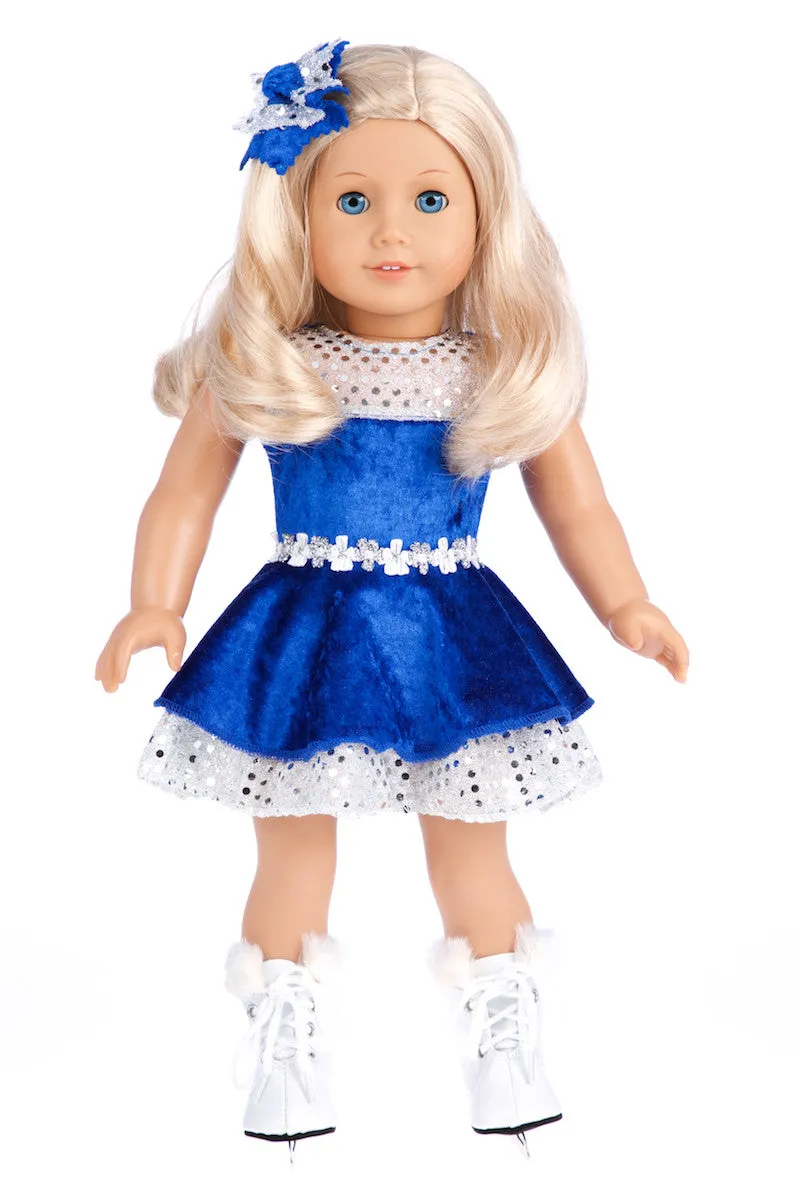 Ice Dancer - Clothes for 18 inch Dolls - Blue Leotard with Double Blue and Silver Ruffle Skirt, Decorative Head Flower, White Skates