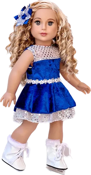 Ice Dancer - Clothes for 18 inch Dolls - Blue Leotard with Double Blue and Silver Ruffle Skirt, Decorative Head Flower, White Skates