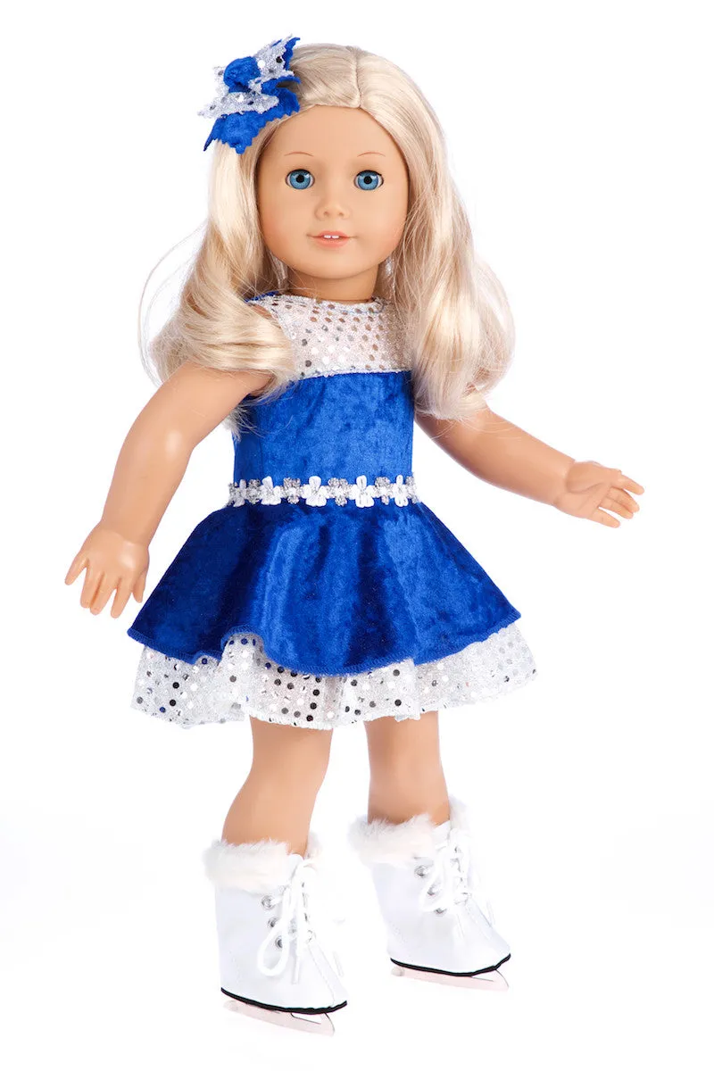 Ice Dancer - Clothes for 18 inch Dolls - Blue Leotard with Double Blue and Silver Ruffle Skirt, Decorative Head Flower, White Skates