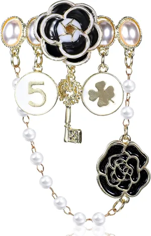 Imitation Pearl Dangle Chain Brooch Vintage Lapel Pins and Brooches for Women Four Leaf Clover Brooch Number 5 and Camellia Brooch Pin Elegant Rhinestone Jewelry Gifts for Wedding