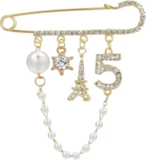 Imitation Pearl Dangle Chain Brooches Elegant Lapel Pins Gold Women's Vintage Crown Number 5 Simulated Pearl Crystal Jewelry Brooches Pins Charms for Wedding Bouquet Banquet