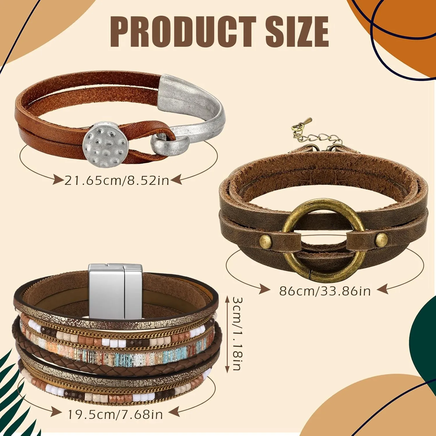 Inbagi 3 Pcs Turquoise Bracelet for Women Leather Bracelet Western Jewelry for Women Silver Cuff Bangle