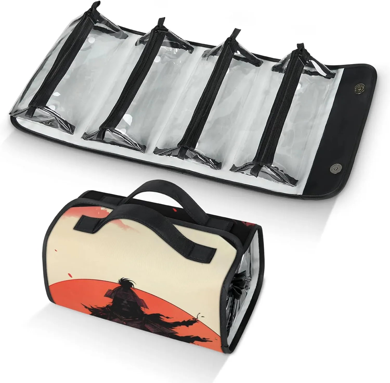 Japanese Samurai Travel Toiletry Bag for Women, 4 in 1 Roll Up Makeup Cosmetic Bag With 4 Removable PVC Zipper Pouch