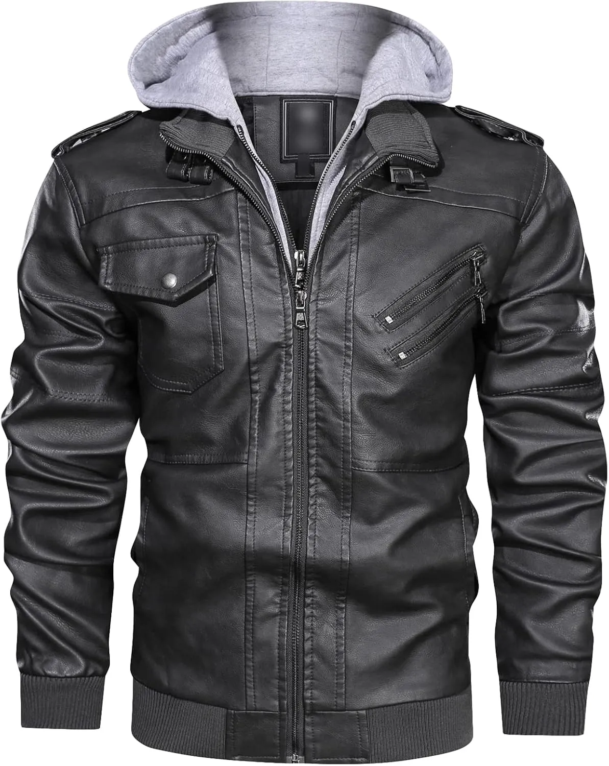 JEsilunmaMY Men's Casual Leather Jacket with Removable Hood Fall Winter Motorcycle Bomber Jacket Zip-Up Windproof Biker Coats