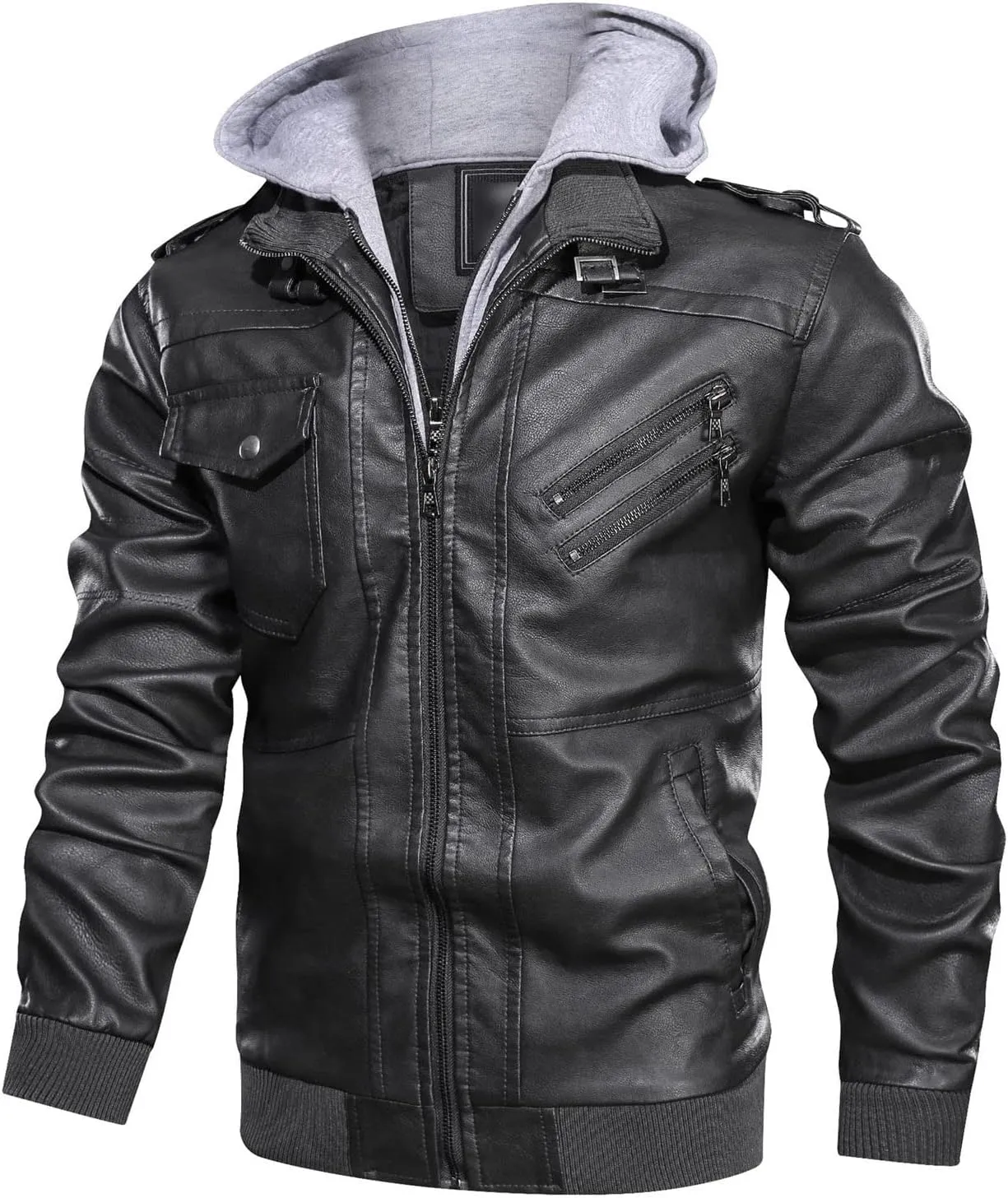 JEsilunmaMY Men's Casual Leather Jacket with Removable Hood Fall Winter Motorcycle Bomber Jacket Zip-Up Windproof Biker Coats