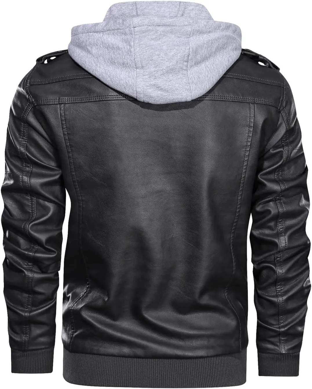 JEsilunmaMY Men's Casual Leather Jacket with Removable Hood Fall Winter Motorcycle Bomber Jacket Zip-Up Windproof Biker Coats
