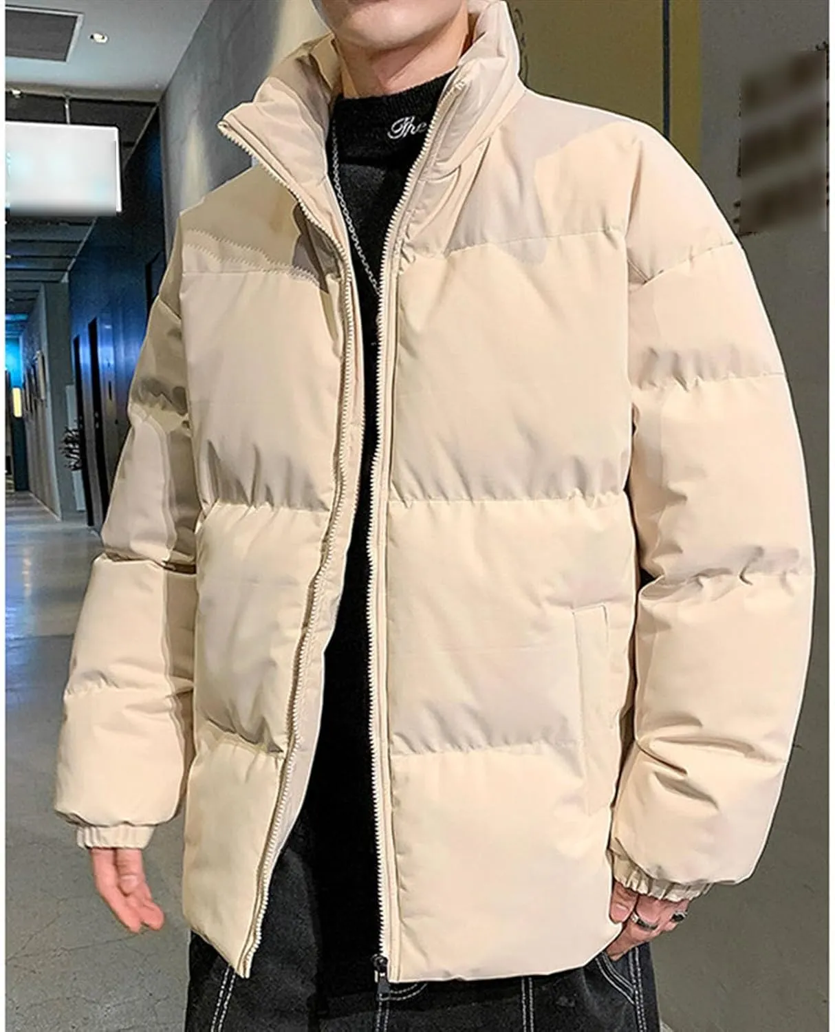 JEsilunmaMY Men's Padded Down Jacket Solid Color Stand Collar Quilted Puffer Coat Loose Warm Winter Cotton Outerwear