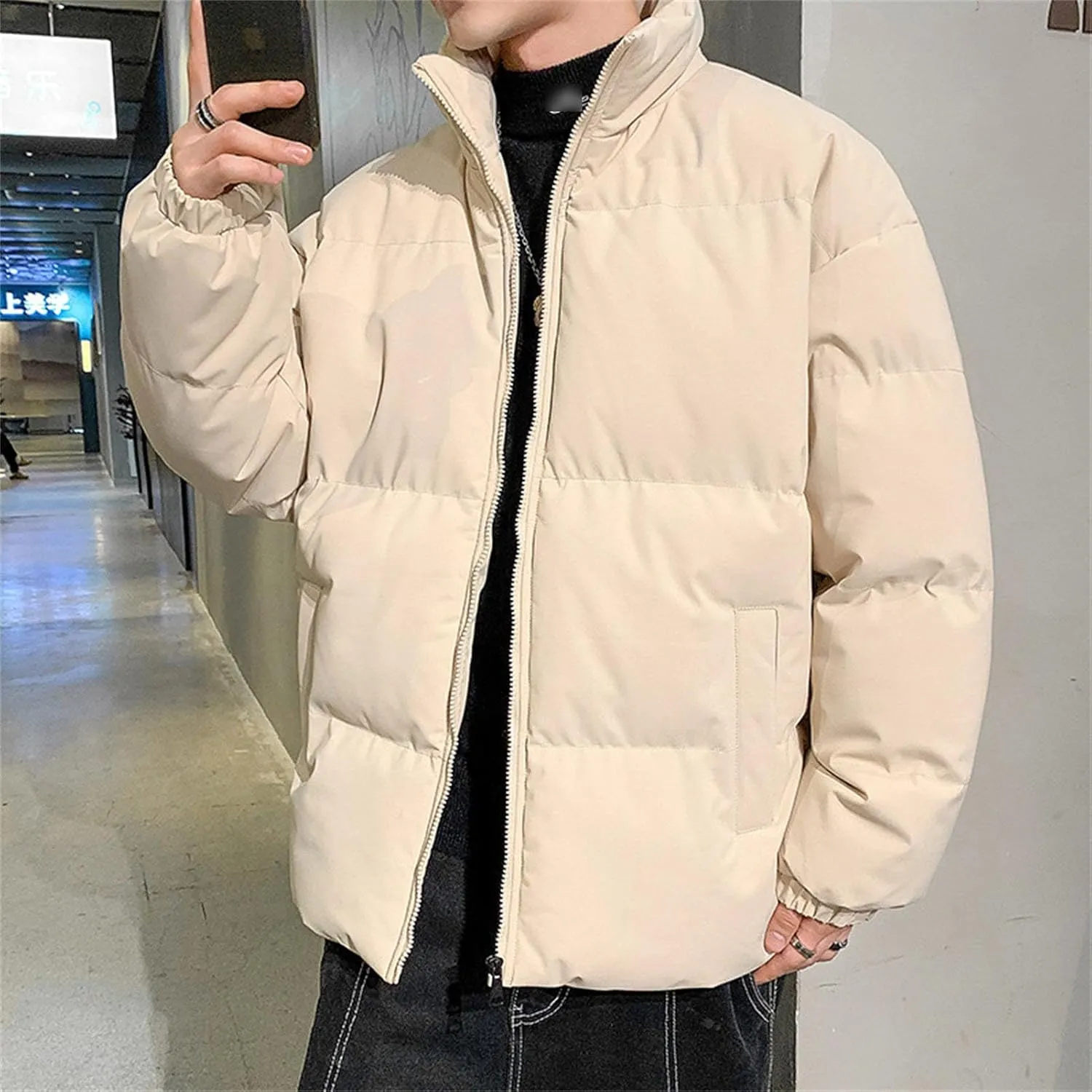 JEsilunmaMY Men's Padded Down Jacket Solid Color Stand Collar Quilted Puffer Coat Loose Warm Winter Cotton Outerwear