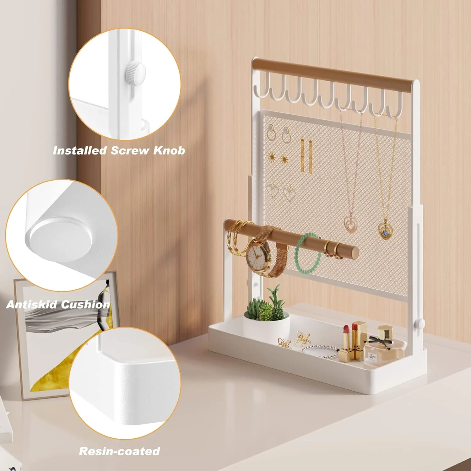 Jewelry Organizer Stand, Liftable Necklace Holder with Earring Organizer Net, 9 Hooks Necklaces Storage Wooden Handing Bar for Bracelets Watches Rings (White)