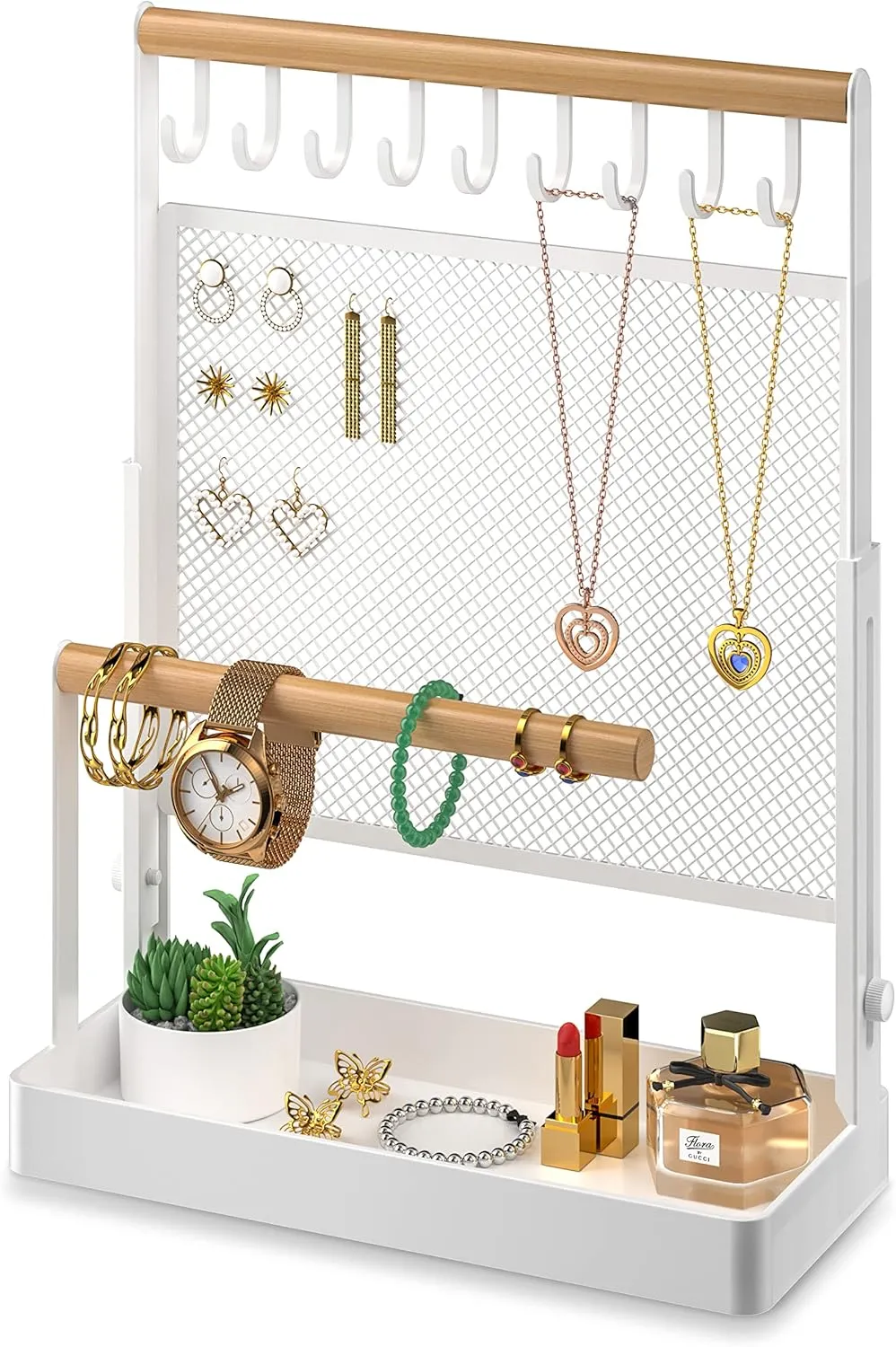 Jewelry Organizer Stand, Liftable Necklace Holder with Earring Organizer Net, 9 Hooks Necklaces Storage Wooden Handing Bar for Bracelets Watches Rings (White)