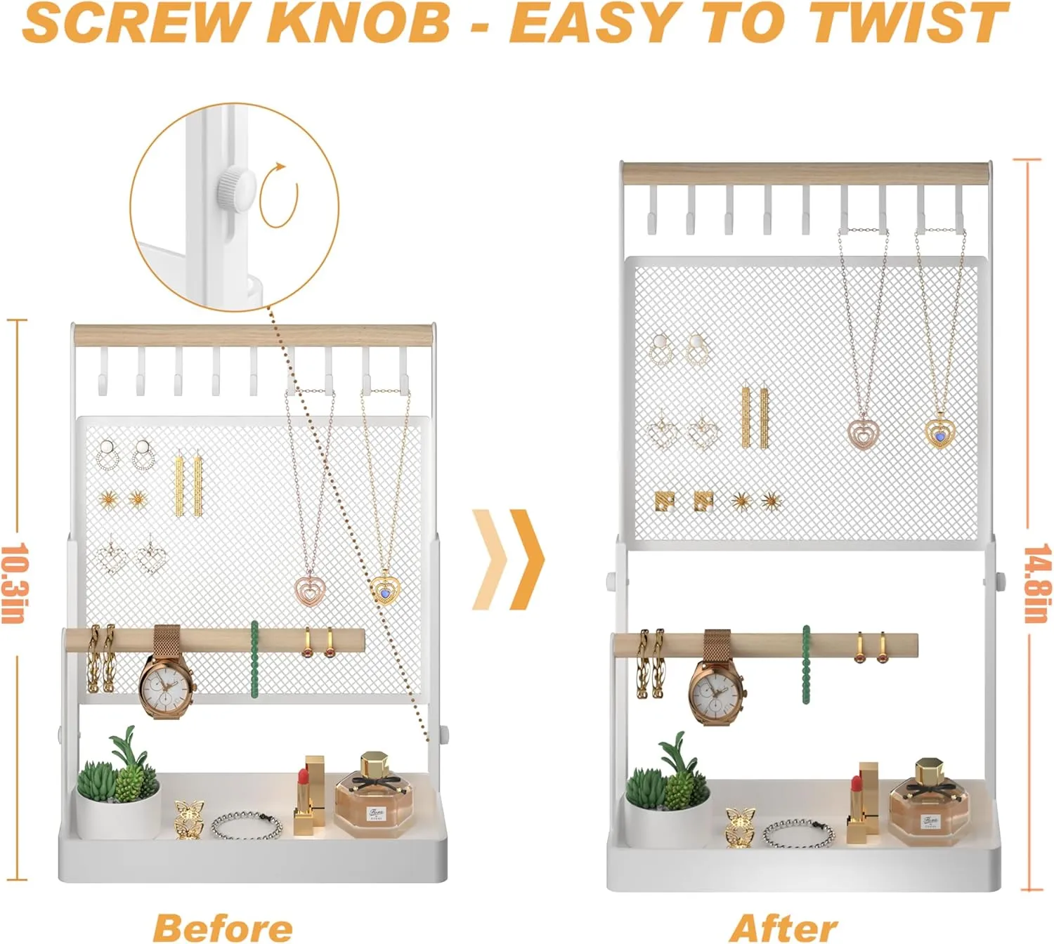 Jewelry Organizer Stand, Liftable Necklace Holder with Earring Organizer Net, 9 Hooks Necklaces Storage Wooden Handing Bar for Bracelets Watches Rings (White)