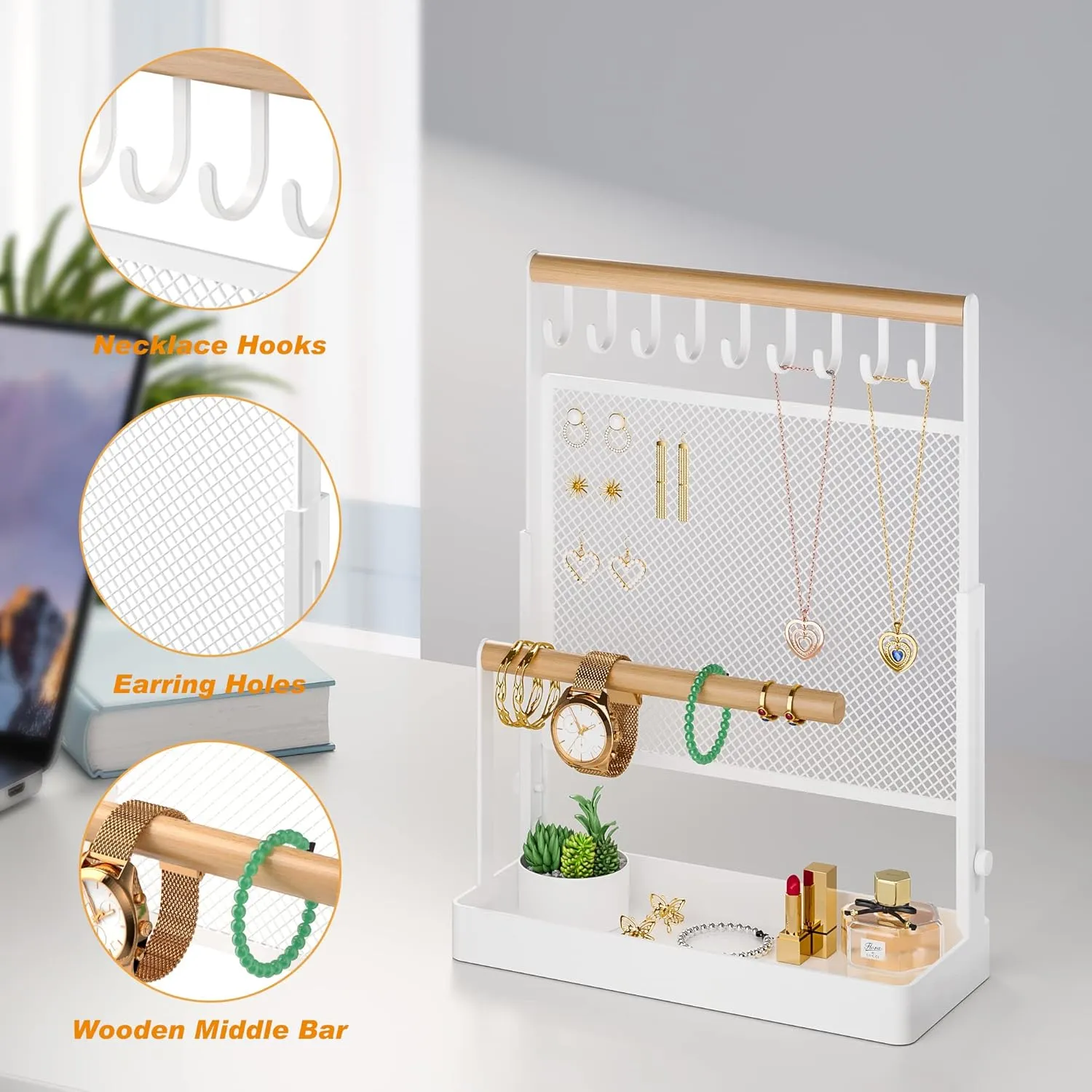 Jewelry Organizer Stand, Liftable Necklace Holder with Earring Organizer Net, 9 Hooks Necklaces Storage Wooden Handing Bar for Bracelets Watches Rings (White)