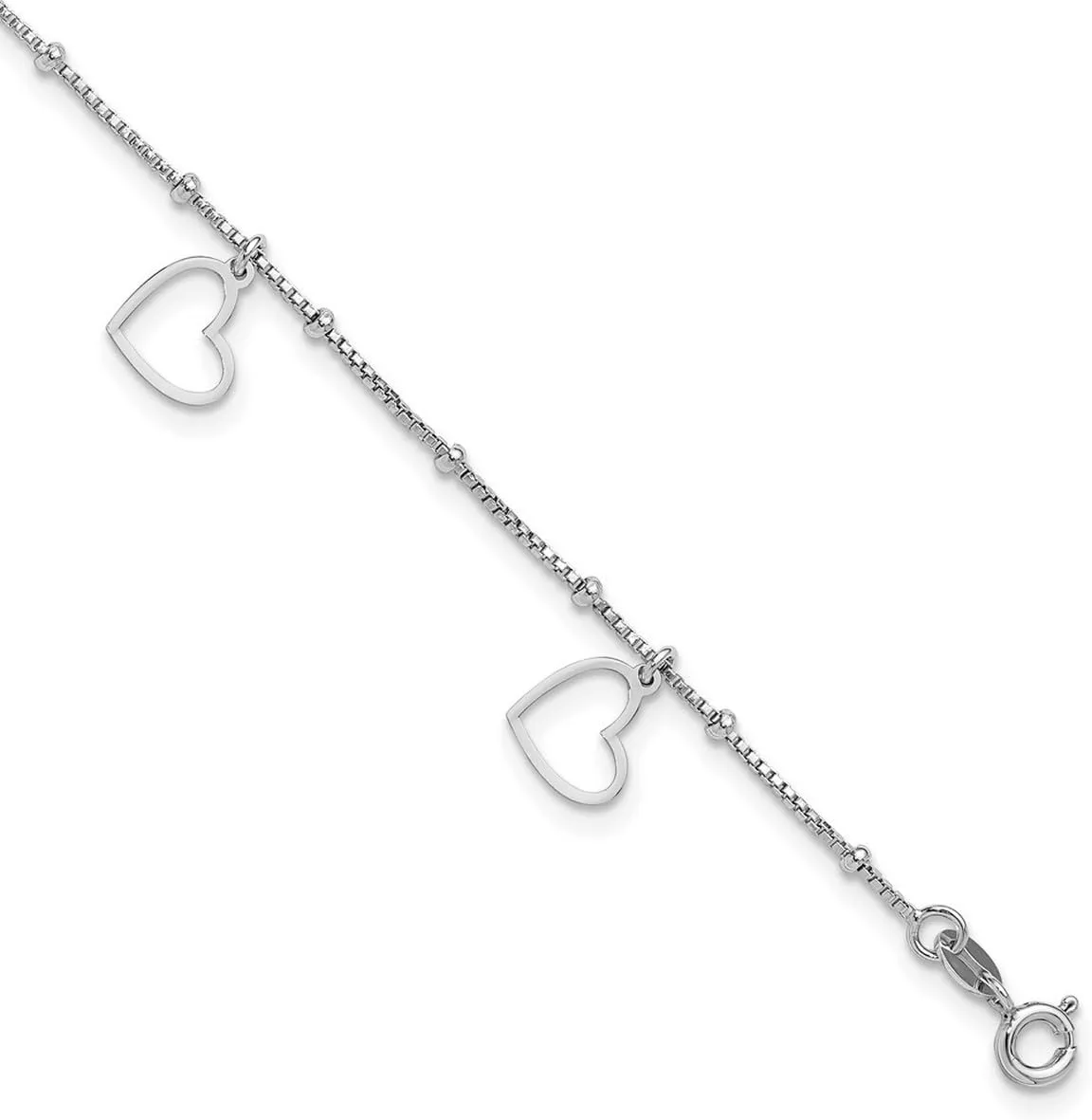 JewelryWeb 10.5mm 925 Sterling Silver Rhodium Plated Love Heart Dangles Plus 1in Extension Anklet 9 Inch-Anklet for Women