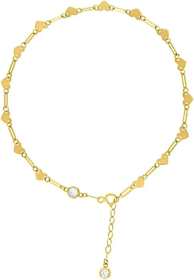 JewelryWeb 10k Yellow Gold Womens CZ Simulated Diamond Love Heart Link Anklet 9   1 Inch 5mm Wide-Anklet for Women