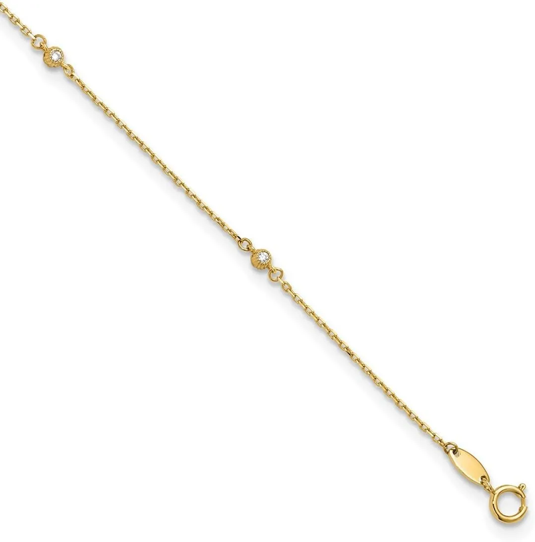 JewelryWeb 14k Solid Yellow Gold Polished CZ Simulated Diamond Station Plus 1in. Extension Anklet 1mm Wide 9 Inch-Anklet for Women