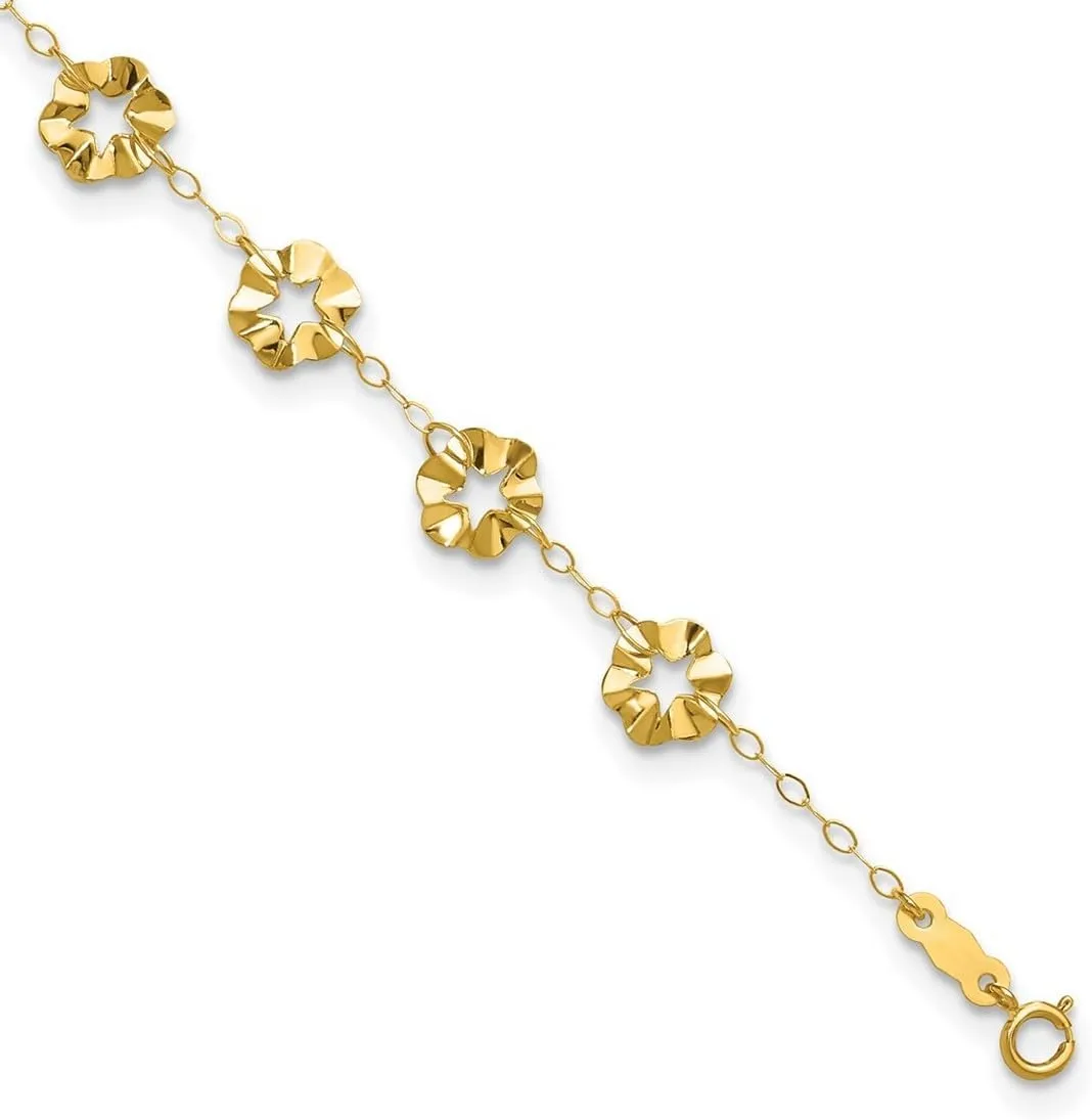 JewelryWeb 14k Yellow Gold Polished Spring-Ring Adjustable Flower Anklet-Anklet for Women