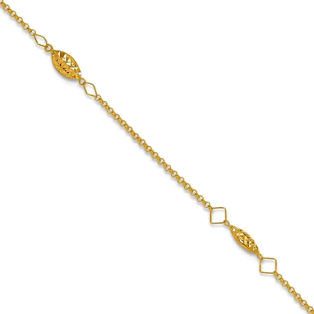 JewelryWeb 14k Yellow Gold Polished Spring-Ring Circle Chain Sparkle Cut Rice Puff Beads With 1in Ext Anklet-Anklet for Women and Men