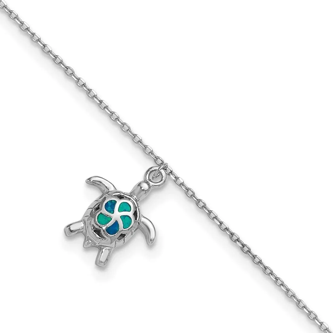 JewelryWeb 925 Sterling Silver Rhodium Plated Simulated Blue Opal Turtle With 1inch Ext. Anklet 9 Inch 12.9mm Wide-Anklet for Women