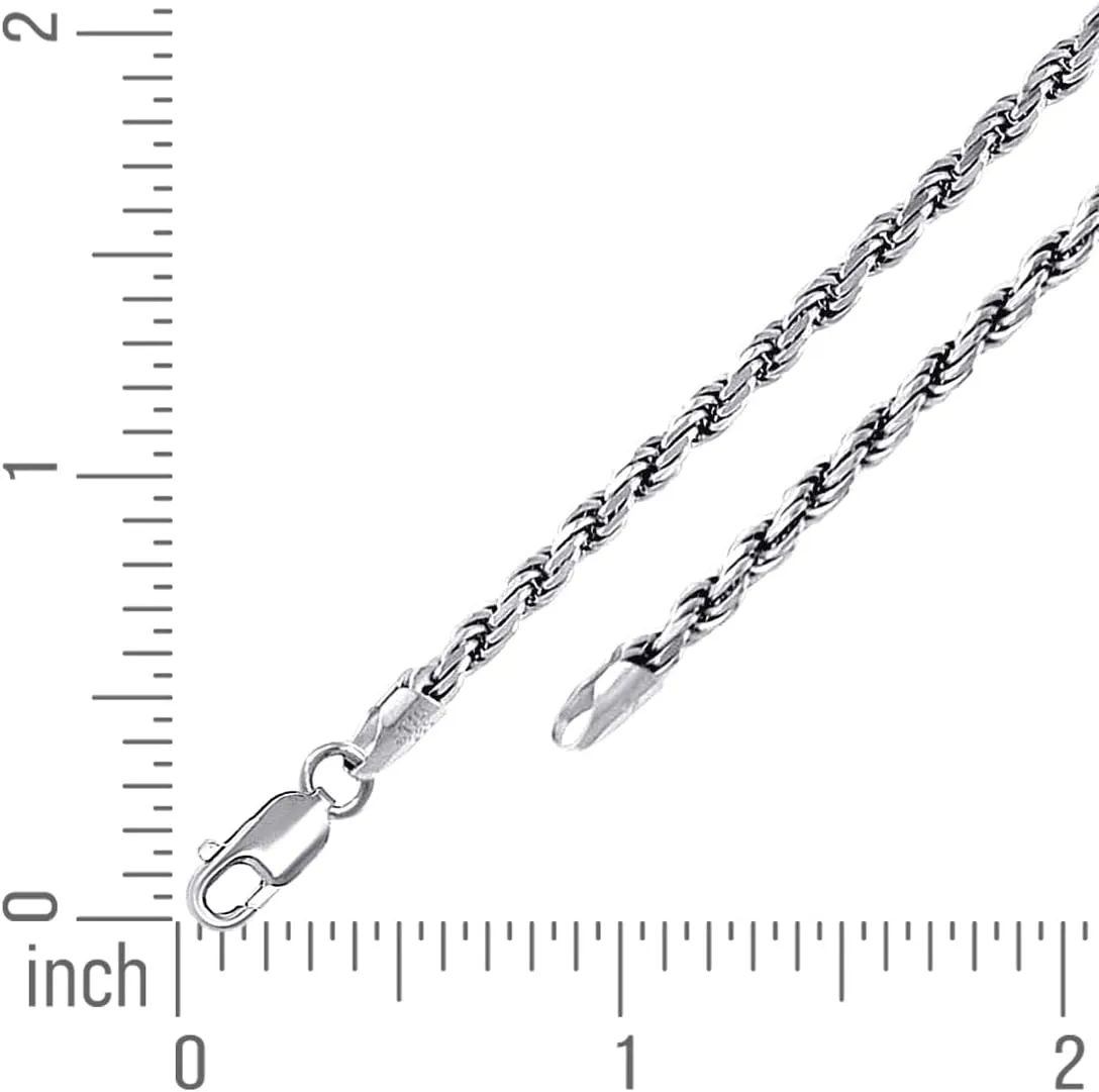 JewelryWeb 925 Sterling Silver Solid Rope Chain Rhodium 3mm Anklet-Anklet for Women and Men