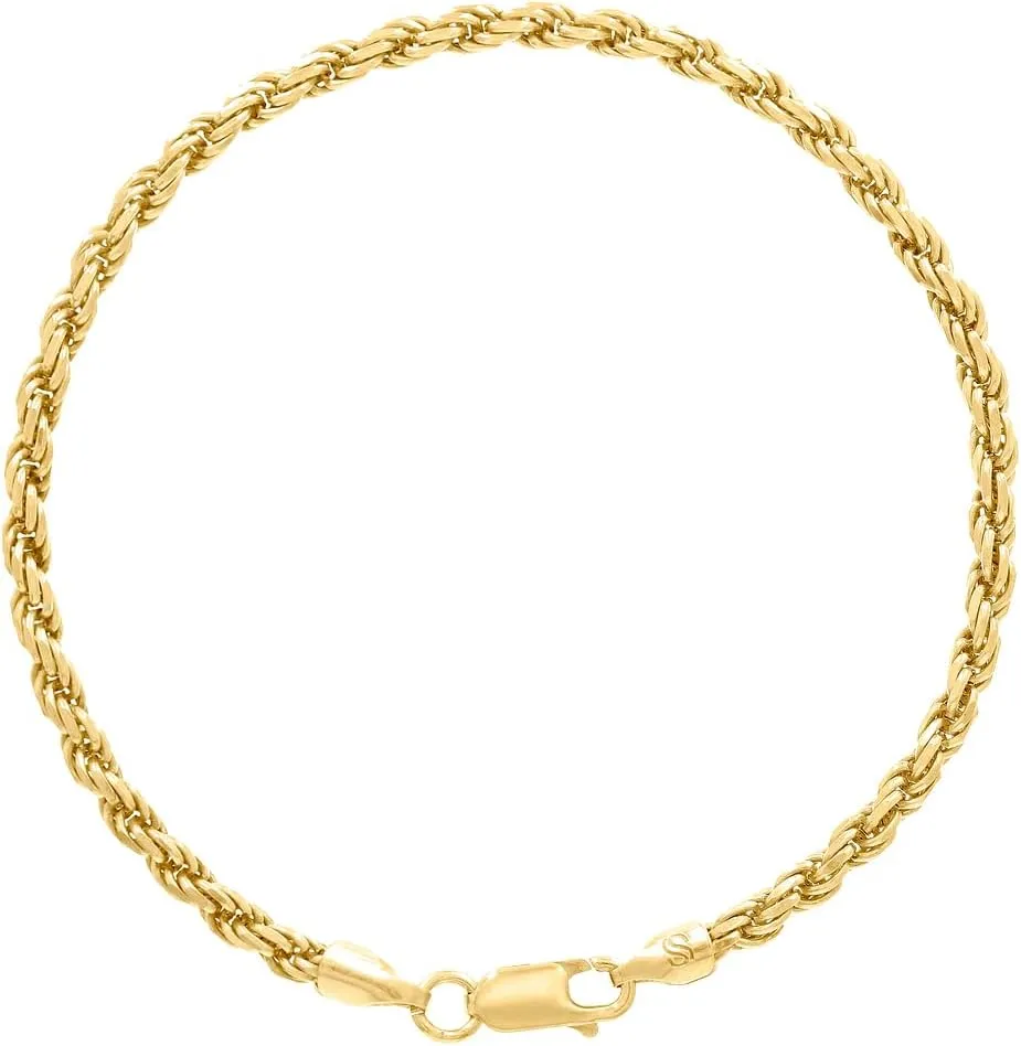 JewelryWeb 925 Sterling Silver Solid Rope Chain Yellow 3.5mm Anklet-Anklet for Women and Men