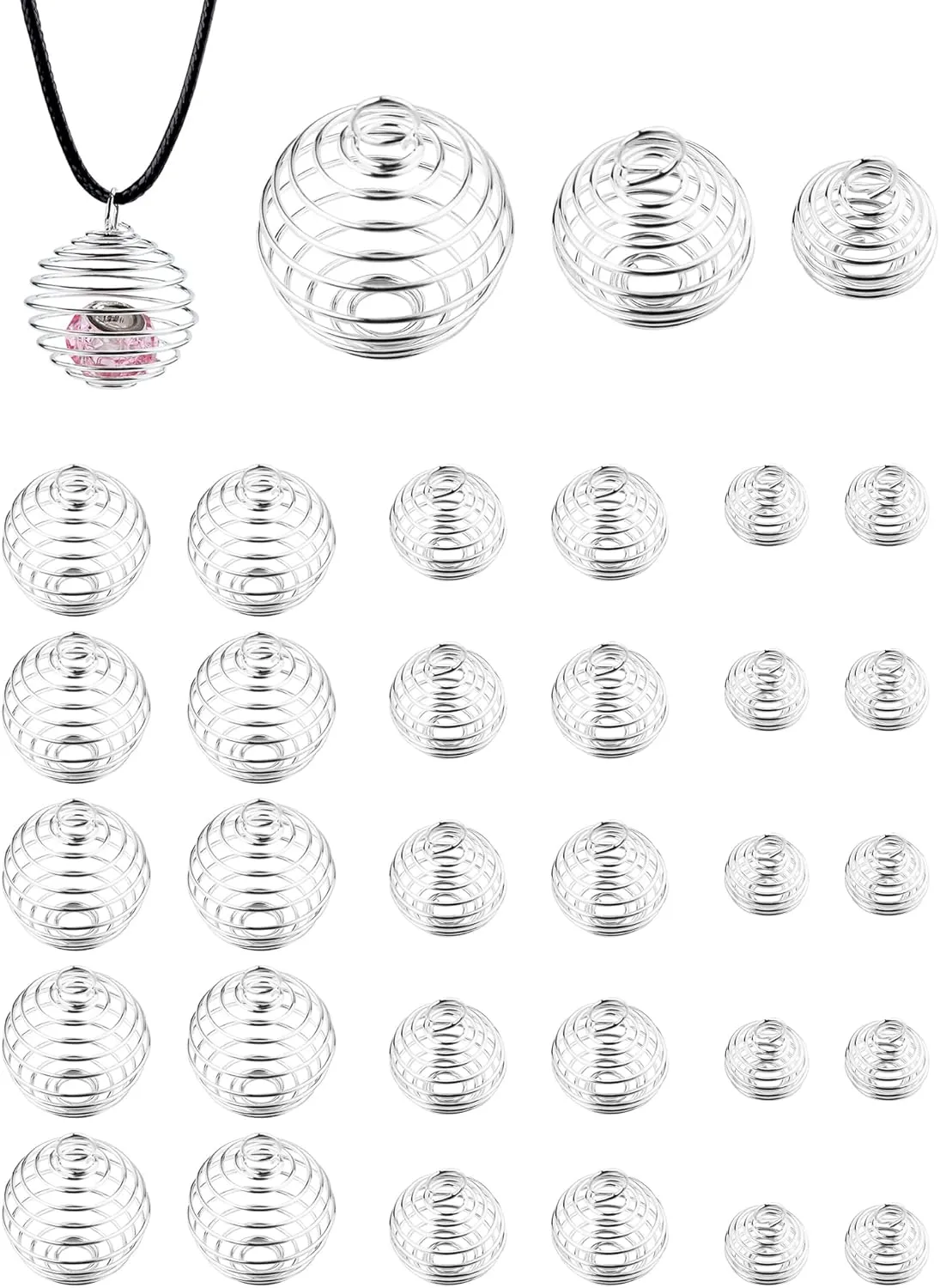 JIALEEY Spiral Bead Cages Pendants, 30 PCs 3 Sizes Silver Plated Stone Holder Necklace Cage Pendants Findings for Jewelry Making and Crafting