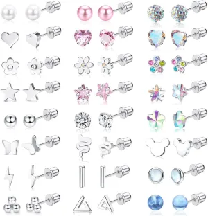 Jstyle Hypoallergenic Surgical Steel Earrings for Girls Women Stainless Steel Flat Back Earrings Set Colorful Cute Pearl Ball Flower Heart Stud Earring for Girls Jewelry