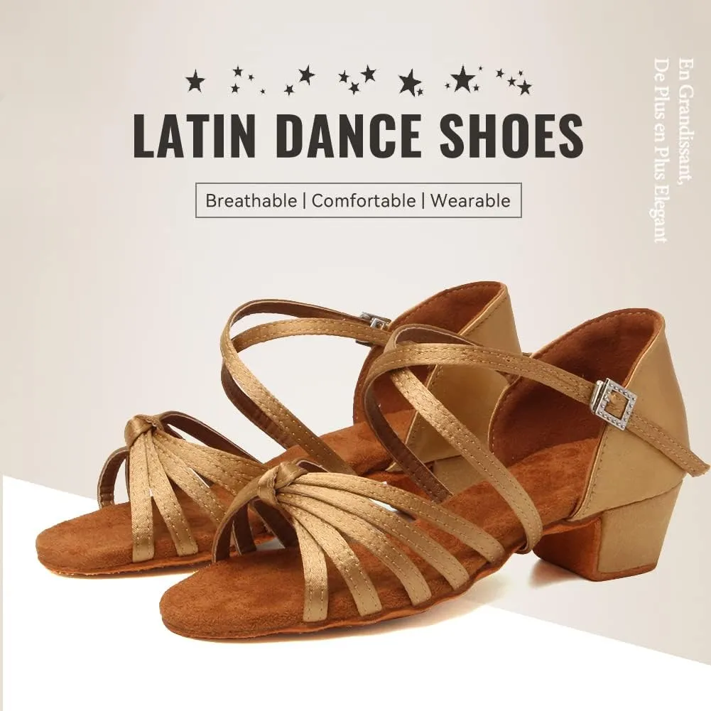 JUODVMP Girls Latin Dance Shoes Satin Ballroom Tango Salsa Practice Party Ballroom Dance Shoes,Model US-SS-ZS